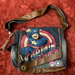 Marvel Comics Captain America Denim and Brown Messenger Bag Adjustable